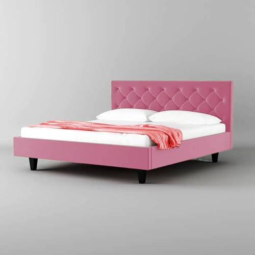 Image of Wooden Modern Upholstered Queen Size Bed for Bedroom | Wooden Double Bed Without Storage | Platform Cot Upholstered Bed with Upholstery Fabric | Engineered Wood | 6.5 x 5 Ft | Pink