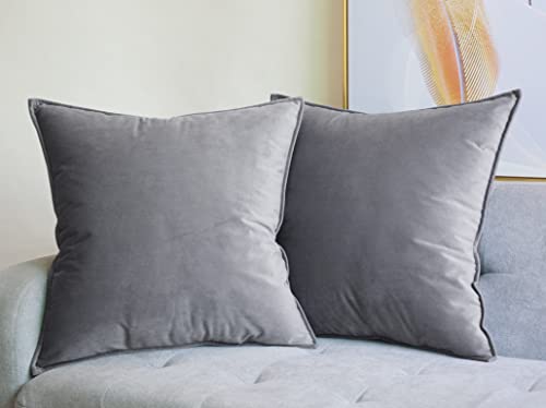 Lutanky Light Grey Velvet Cushion Covers 45cm x 45cm Decorative Square Throw Pillow Covers (Pack of 2) Soft Piped Pillowcases for Sofa Bedroom with Invisible Zipper 18 x 18 Inch