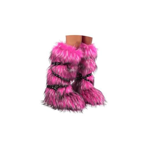 ORANDESIGNE Femme Bottine en Peluche Fourrure Hiver Bottes de Neige Plate Bottines Fourrées Y2K avec Boucle de Ceinture A Rose Rouge 36 EU