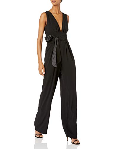 Halston Heritage Women's Sleeveless V Neck Wide Leg Jumpsuit with Wrap Tie, Black, 8