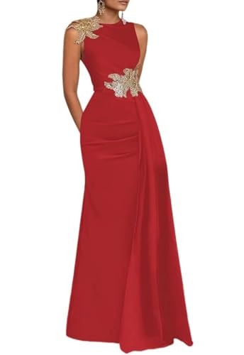 Sheath/Column Elegant Evening Dress Floor Length Sleeveless Jewel Neck Satin Wedding Guest Dress with Embroidery 2025