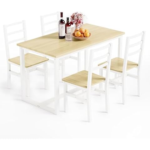 furlinkhm 5-Piece Dining Table Set for 4,Rectangle Kitchen Table and Chairs Set,Wood Dining Room Table Dinette Set for Small Spaces,Natural+White Cover