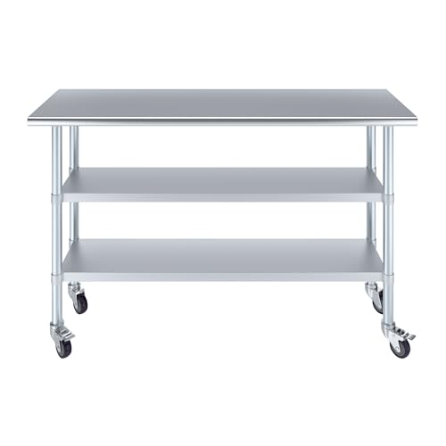 Image of AmGood Stainless Steel Work Table with 2 Shelves and Casters | Metal Utility Table On Wheels (Stainless Steel Work Table with 2 Shelves + Casters, 60 inch Long x 18 inch Deep)