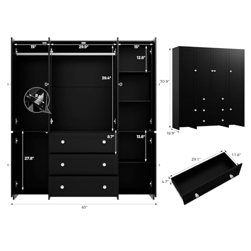 VOWNER Armoire Wardrobe Closet with Drawers and Mirror, 71\" Clothing Storage Cabinet with Hanging Rod, 6 Doors Wooden Wardrobe Cabinet for Bedroom, Large Capacity Storage - Thumbnail 2
