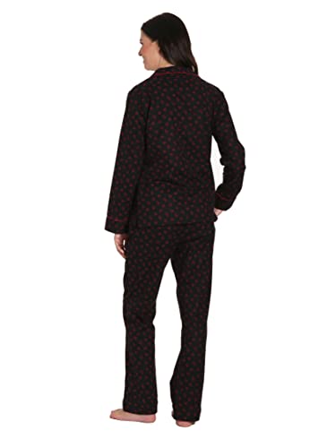 Noble Mount Cotton Flannel Pajamas Women, 2Pc Pajama Set for Women - Hearts Black-Red - M