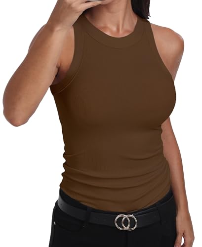 GEMBERA Womens Sleeveless Racerback High Neck Basic Ribbed Knit Fitted Tank Top Mocha Brown L