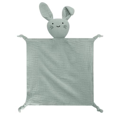 Image of Green Bunny Organic Cotton Muslin Lovey Security Blanket for Newborns | Soft Muslin Comfort, Easy Grip Design, Self-Soothing Support, Baby Shower Gifts
