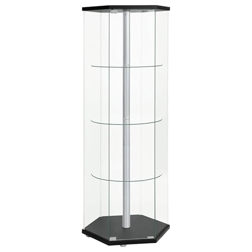 Coaster Home Furnishings - Zahavah - 4-Shelf Hexagonal Curio Cabinet with Push-to-Open Magnetic Door and Clear Tempered Glass with Chrome Center Pole - Living Room - Black - 950276