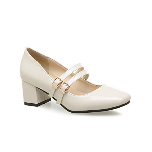 VOKLIN Women's Mary Jane Pump Oxford Retro Square Toe Buckle Strap Patent Leather Chunky Mid Heel Dress Shoes