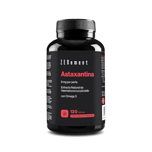 Astaxantina Natural Pura 8 mg de Haematococcus pluvialis - con Omega 3 para una Mejor Absorción - 10% de Astaxantina Pura - 120 Cápsulas Blandas - Zenement