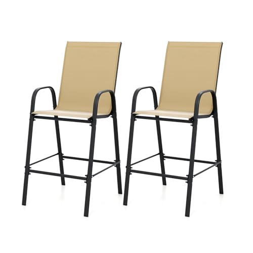 KOMFOTTEU - Taburete de bar exterior, silla alta con respaldo y apoyabrazos, sillón de Bistrot en Fabric, carga 150 kg, para jardín, balcón, terraza, 62 x 76 x 130 cm, color beige