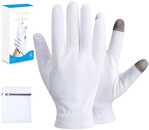 MNOPQ 100% Cotton Moisturizing Gloves, White Cotton Gloves Overnight Bedtime for Moisturizing Hands, Eczema | Touch Screen, Wristband and Washing Bag, 4 Pairs Medium