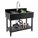 Mqwdxzfes Lavabo indipendente in acciaio inox, grande lavello singolo con scolapiatti e rubinetto estraibile, per cucina commerciale (90 x 60 x 80 cm, nero)
