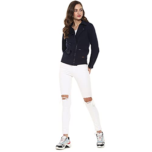 Image of PINACOLADA Spread Collar Navy Blue Solid Stylish Zipper Casual Jackets
