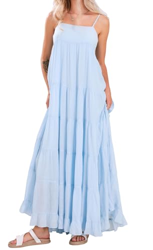 Image of loveimgs Women Summer Spaghetti Strap Smocked Maxi Dress Tiered Ruffle Sleeveless Long Flowy Dress Beach Sundress
