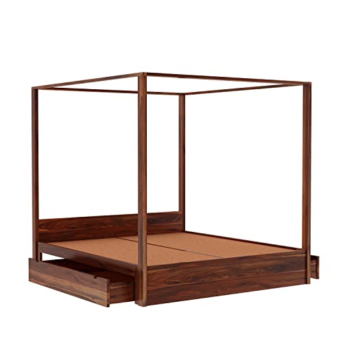 Image of Solid Sheesham Wood Queen Size Poster Bed 2 Drawer Storage for Bed Room Living Room Home Wooden Double Bed Palang Solid Wood Bedroom Furniture for Hotel (Honey Finish)