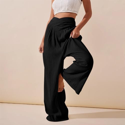 Wide Leg Palazzo Pants for Women Casual Beach Flowy Linen Pants Crossover High Waisted Long Lounge Pants with Pockets2