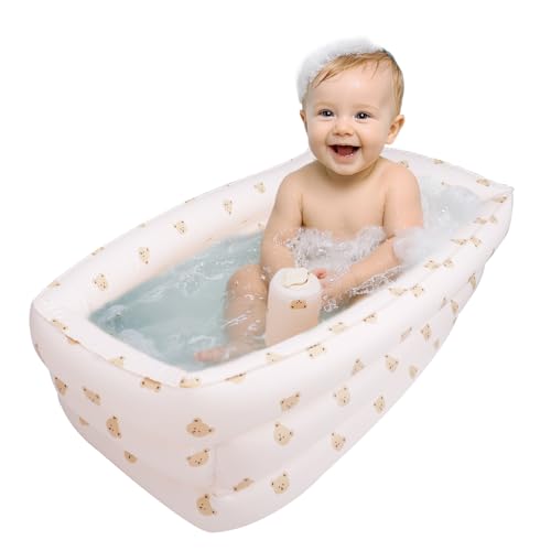 Image of AirSwim Inflatable Baby Bathtub with Built-in Air Pump, Portable Bathtub for Babies 0-5 Years Old, Small Ball Pool, Foldable Bath Tub for Travel, 30.7 x 14.6 Inch (Bear Head)