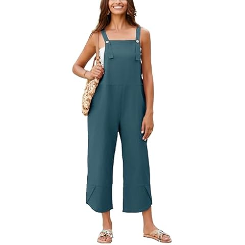 Qiaomai Womens Summer Sleeveless Cotton Linen Overalls Baggy Adjustable Suspender Jumpsuit with Pockets (Blue-M) Cover