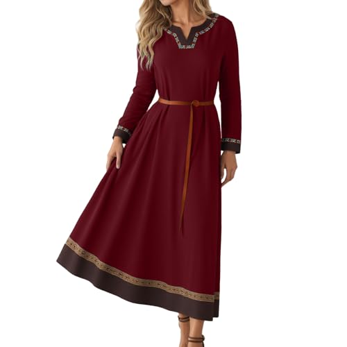Leinenkleid für Damen, Wikinger-Kostüm, Freya, handbestickt, Karneval, Halloween, Cosplay, Festlich, Mittelalterkleid, langärmlig, mit...