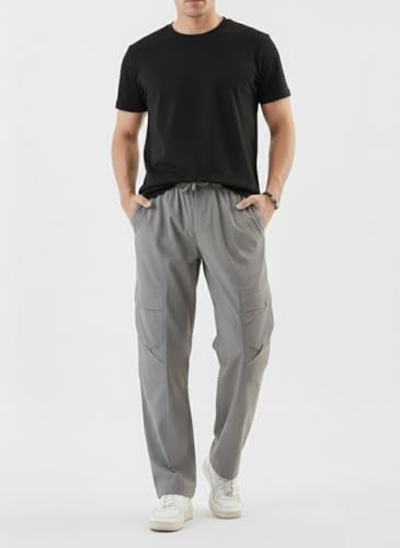 Image of Men's Cotton Cargo Pants | Straight Fit Casual Trousers for Men with Pockets | Lightweight & Breathable Pants with Elastic Waistband & Drawstring | Comfortable Lower for Mens