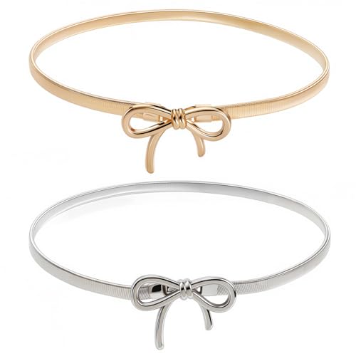 2Pcs 2 Colors Gold Silver Bow Belt Set Alloy Skinny Bowknot Design Waistbands Adjustable Thin Fashion Waist Chains Belts for Women Ladies Party Wedding formal Dress Jeans Shirts Accessories