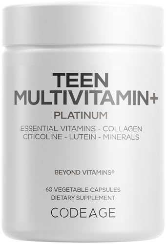 Codeage Teen Multivitamin+ Platinum Supplement - Vitamins A C D3 E B6 B12 Minerals Probiotics Citicoline Collagen Bone Broth Folate Biotin Lutein Zeaxanthin - Non-GMO - 60 Capsules