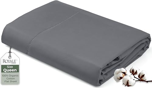 Image of Royale Linens 100% Organic Cotton Queen Flat Sheet Only - Super Soft - Percale Top Sheets - Queen Flat Sheet Sold Separately - Breathable, Cool & Crisp Grey Sheets Only (90 inch x 102 inch, Grey)