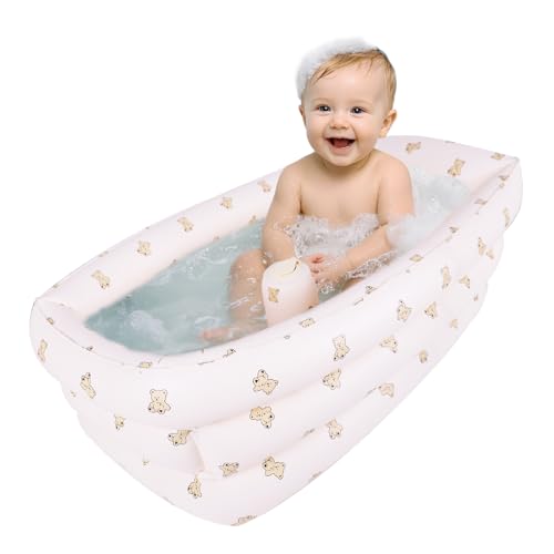 Image of AirSwim Inflatable Baby Bathtub with Built-in Air Pump, Portable Bathtub for Babies 0-5 Years Old, Small Ball Pool, Foldable Bath Tub for Travel, 30.7 x 14.6 Inch (Bear)