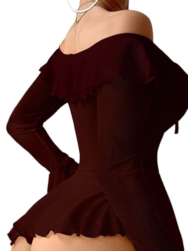 Image of Foxiny Sheer Ruffle Long Sleeve Babydoll Lingerie Dress | Off-shoulder neckline, flared cuffs and a flounce hem add movement; thong and thigh-high stockings complete the 3-piece set