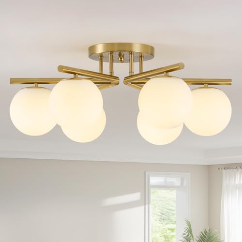 Image of 6 Lights Sputnik Ceiling Light Fixture,Semi Flush Mount Ceiling Light Sputnik with Milk Glass Globe, Brushed Brass Chandelier for Living Room, 25.98'' Large Mid Century Modern Fixture
