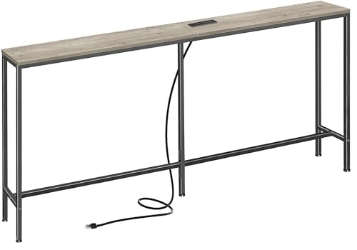 SUPERJARE 70 Inch Console Table with Outlet, Narrow Entryway Table for Living Room, Oak