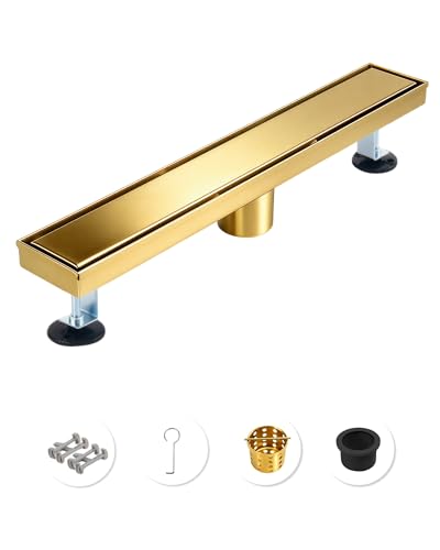 Image of 18 Inch Brushed Gold Linear Shower Drain | CUPC Certified 2-in-1 Tile Insert for Curbless Showers. 304 Steel, 15.8GPM Flow. Includes Hair Catcher & Adjustable Feet.