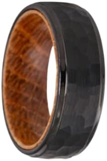Hammered Whiskey Barrel Ring Tungsten Wedding Band Whiskey Wood Rings for Men Bourbon Barrel Wooden Ring Black Mens Ring