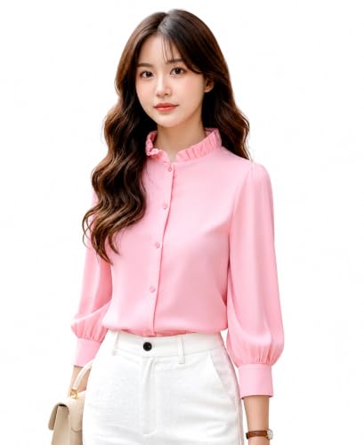 Image of Messica Women Brown Solid Cotton Blend Knitted Top | Ruffle Neck | 3 /4 Sleeve | Regular Fit Casual Office Wear Top