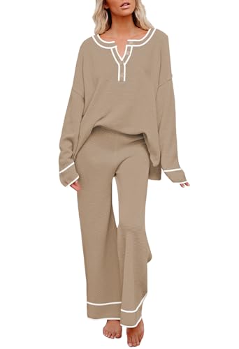 Image of Pink Queen Women's 2 Piece Fall Outfit Lounge Set Long Sleeve Button Pullover Sweater Matching Wide Leg Pants Knit Sweatsuit