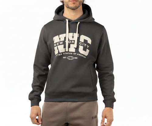 ALPHADVENTURE - Sudadera para Hombre con Print Frontal de New York City y Bolsillo Tipo Canguro y Capucha - Talla L - Upland - Color Faded Black