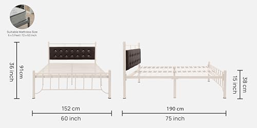 Image of Zuno Metal Queen Size Bed Without Storage | Wrought Iron Double Bed with Headboard & Footboard | Sturdy Powder Coated Platform Bed Queen Size Cot for BedroomLivingRoom Ivory (75x60)