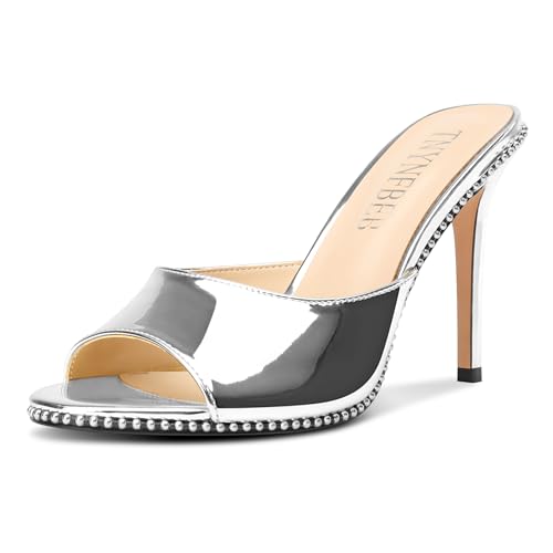 TNYNFBEB Womens Stiletto High Heel Peep Open Toe Sandals Mules Shoes Slingback Slip-on Silver Beaded Prom Party Dress Patent Leather 3.9 Inches Heels