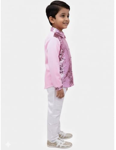 Image of BookMyCostume Pink Sequin Shirt & White Shiny Pants Western Dance Costume for Boys | Full Sleeve Outfit | Annual Day Dance Dresses & Fancy Dress Theme Costume | 8-10 Years