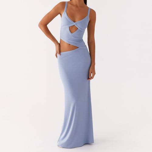Image of Women Cut Out Maxi Dress Sleeveless Spaghetti Strap V Neck Backless Summer Bodycon Long Dress Party Dress