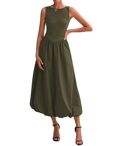 BTFBM Women's 2025 Summer Casual Sleeveless Midi Dress Patchwork Knit Tank Bubble Long Flowy Beach Maxi Sundress Pockets