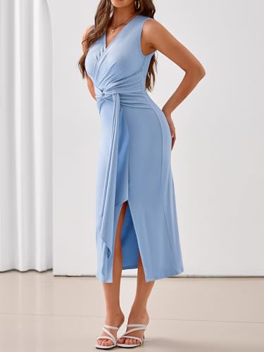 Image of YIOYOLA Womens Sleeveless Ruched V Neck Sheath Casual Party Midi Bodycon Dresses with Slit
