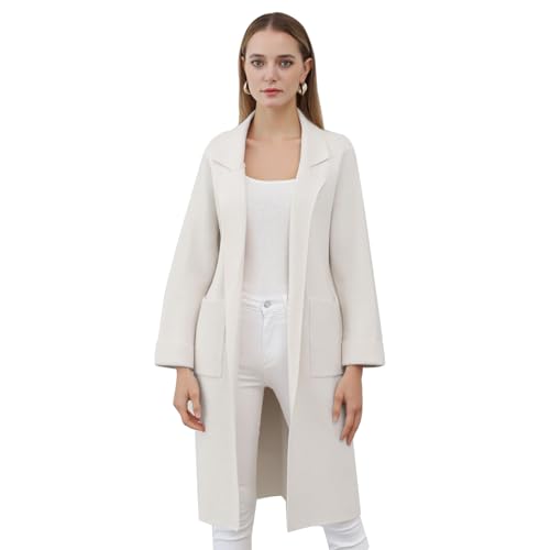 CHICWISH Women's Open Front Cardigan Ivory Long Sleeve Notch Lapel