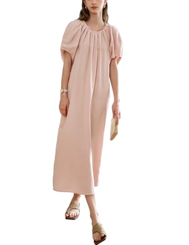 Women's Light Pink Long Dress, Pleated Round Neck Puff Sleeve Loose Summer Casual Midi Dress with Pockets