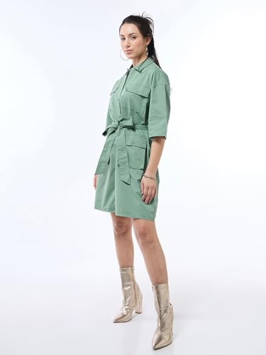 Image of Bewakoof Women's Solid Oversized Fit Half Sleeve Collar Cotton Blend Above The Knee Shirt Dress