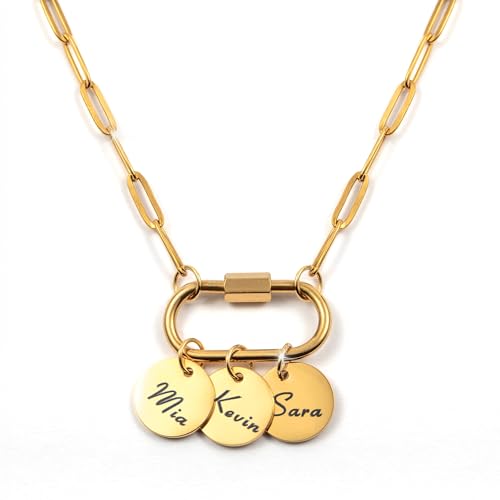 Custom Carabiner Coin Charm Necklace with Kids Names,Birthday Gift for Mom, Handmade Jewelry for Her, Grandma Gift -P-LOCK-CN