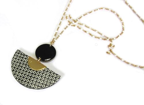 Sautoir papier japonais, blanc, noir et doré, sequins émaillés, pendentif japonais, éventail...