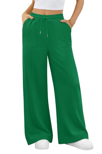 ALIMASHA Womens Wide Leg Sweatpants High Waisted Baggy Interior Drawstring Joggers Straight Leg Sweat Pants with Pockets Casual Trousers Green M