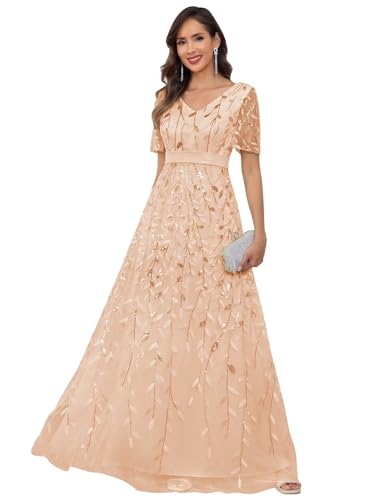 Sparkly Sequin Mother of The Bride Dresses for Wedding V Neck Short Sleeve Tulle A Line Long Formal Evening Gown